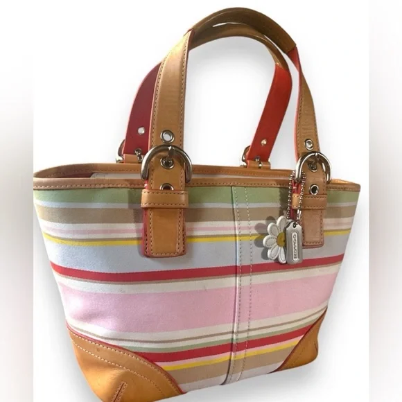 COACH Hampton Daisy Stripe Vachetta Leather & Canvas Mini Tote EUC - Picture 3 of 12
